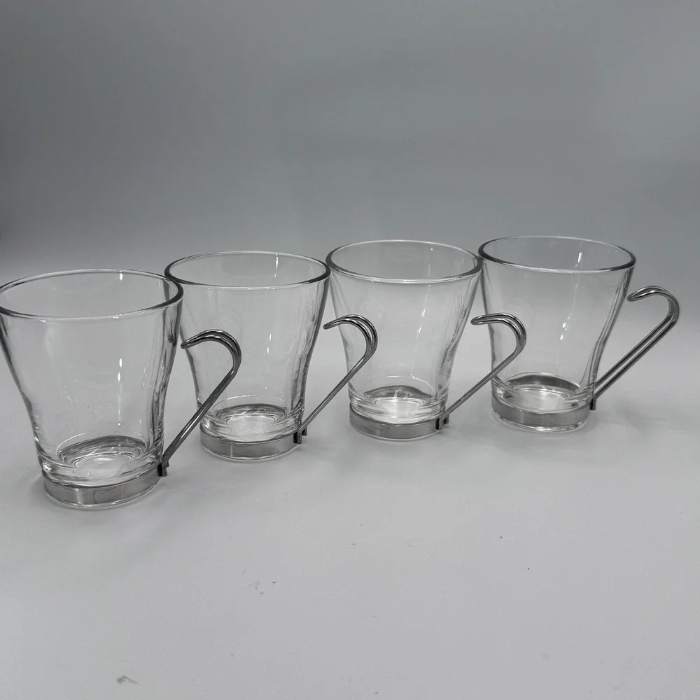 Bormioli Rocco Oslo Tempered Glass Coffee Cups Set of 4 Stainless‎ Steel Handles